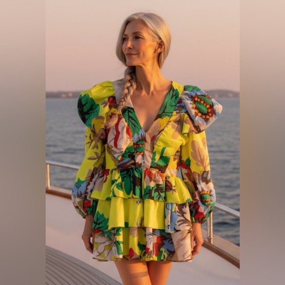 CHRISTOPHER JOHN ROGERS Dress Ruffle Tiered Yellow Mini Target Floral V Neck 4 - Picture 14 of 14